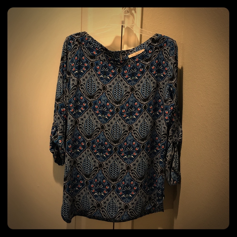 LOFT Crepe Print Tunic Boatneck Roll tab sleeves